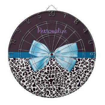Trendy Leopard Print And Blue Ribbon With Name Dartboard With Darts by PhotographyTKDesigns at Zazzle