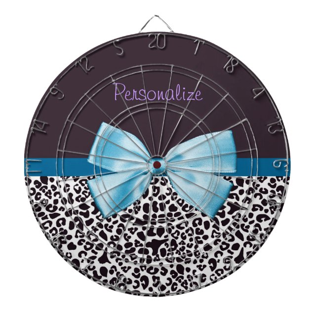 Trendy Leopard Print and Blue Ribbon With Name Dartboard With Darts (Front)