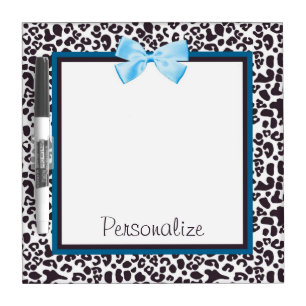 Trendy Leopard Print and Blue Ribbon With Name Dry Erase Board