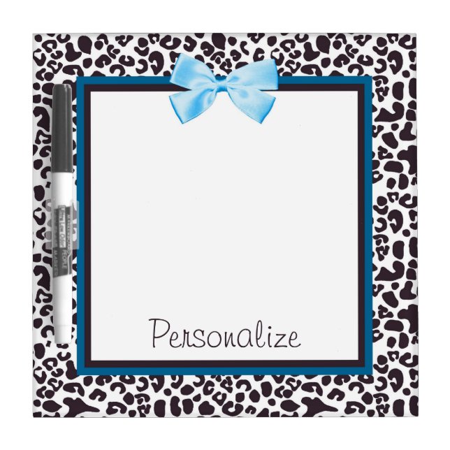 Trendy Leopard Print and Blue Ribbon With Name Dry Erase Board (Front)
