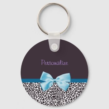 Trendy Leopard Print And Blue Ribbon With Name Keychain by PhotographyTKDesigns at Zazzle