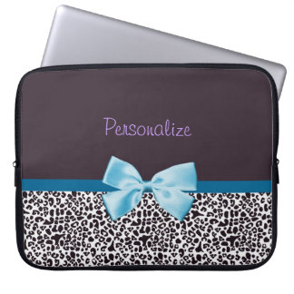 Trendy Leopard Print and Blue Ribbon With Name Laptop Sleeve