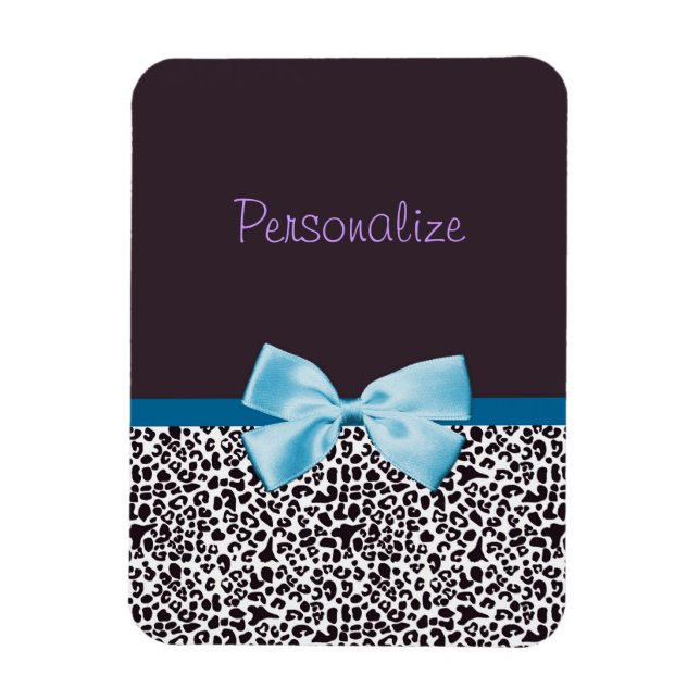 Trendy Leopard Print and Blue Ribbon With Name Magnet (Vertical)