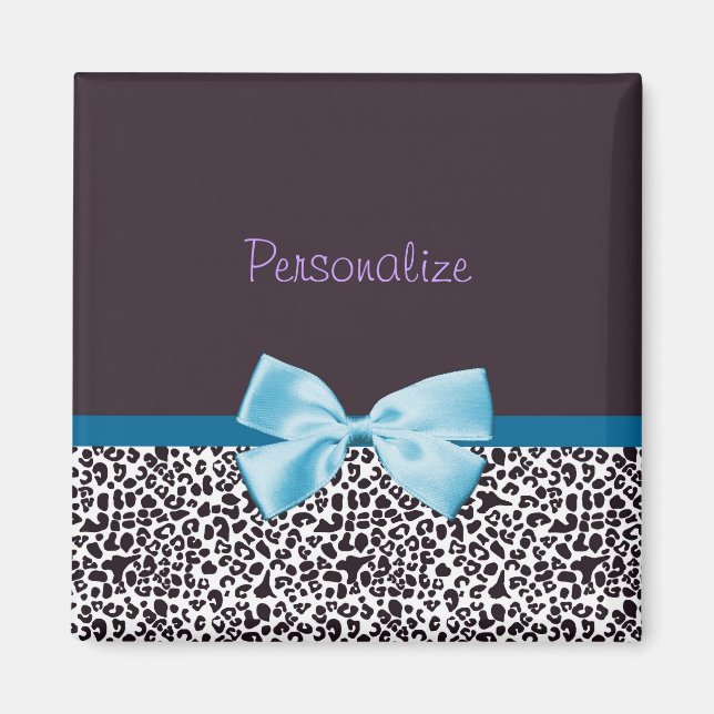 Trendy Leopard Print and Blue Ribbon With Name Magnet (Front)