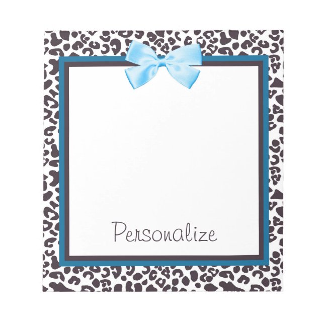 Trendy Leopard Print and Blue Ribbon With Name Notepad (Front)