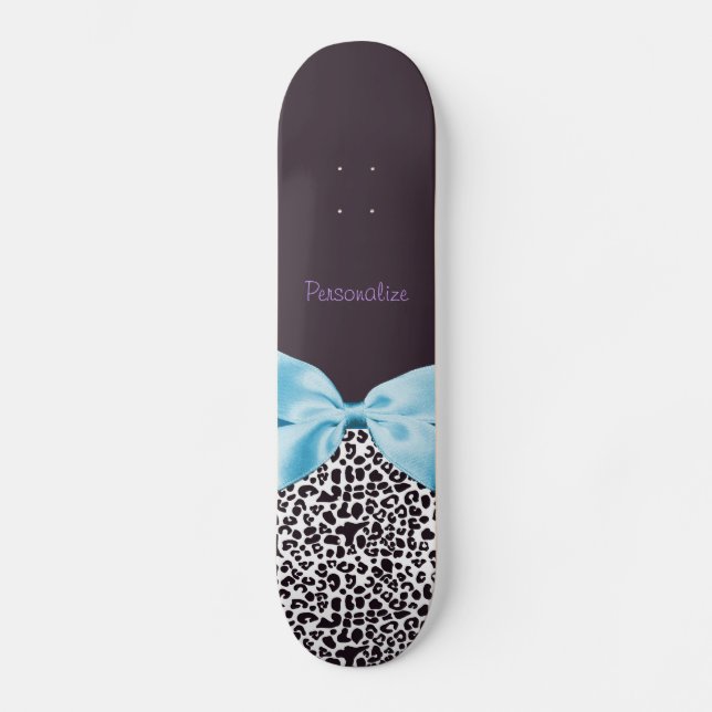 Trendy Leopard Print and Blue Ribbon With Name Skateboard Deck (Front)
