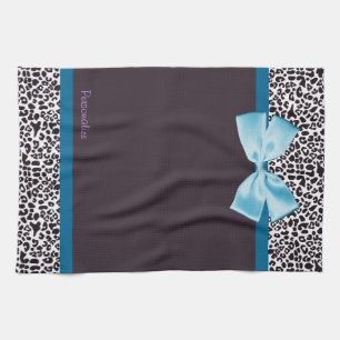 Trendy Leopard Print and Blue Ribbon With Name Towel