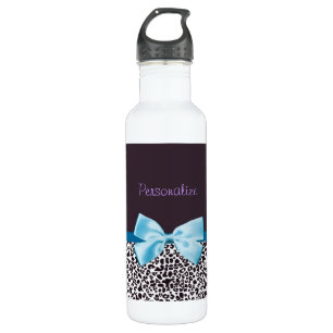 Trendy Leopard Print and Blue Ribbon With Name Water Bottle