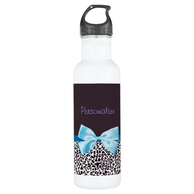 Trendy Leopard Print and Blue Ribbon With Name Water Bottle (Front)