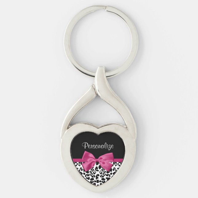 Trendy Leopard Print and Pink Bow Glam Design Keychain (Front)
