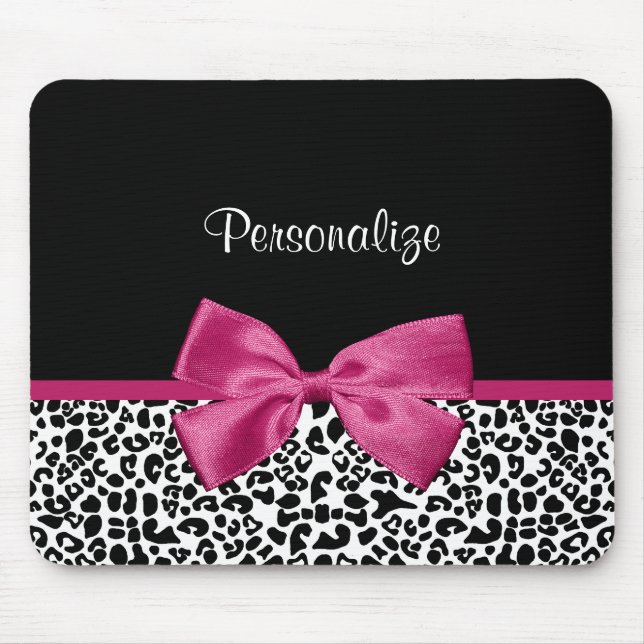 Trendy Leopard Print and Pink Bow Glam Design Mouse Pad (Front)