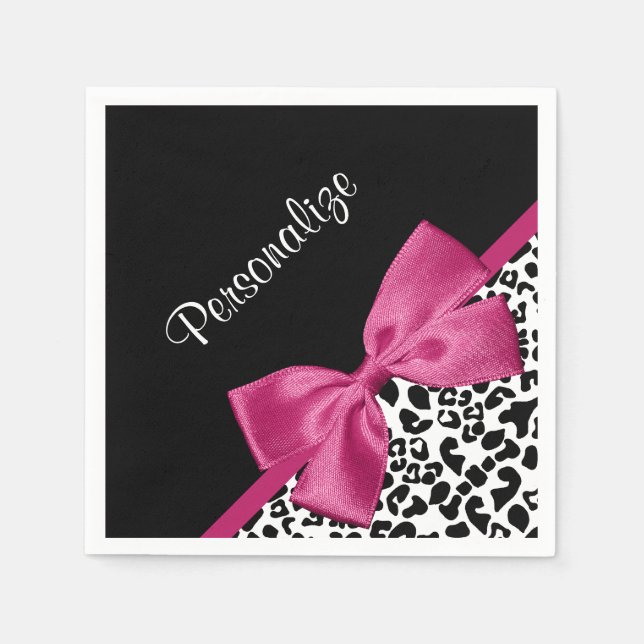 Trendy Leopard Print and Pink Bow Glam Design Napkins (Front)