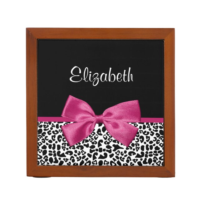 Trendy Leopard Print and Pink Bow Glam Design Pencil/Pen Holder (Front)