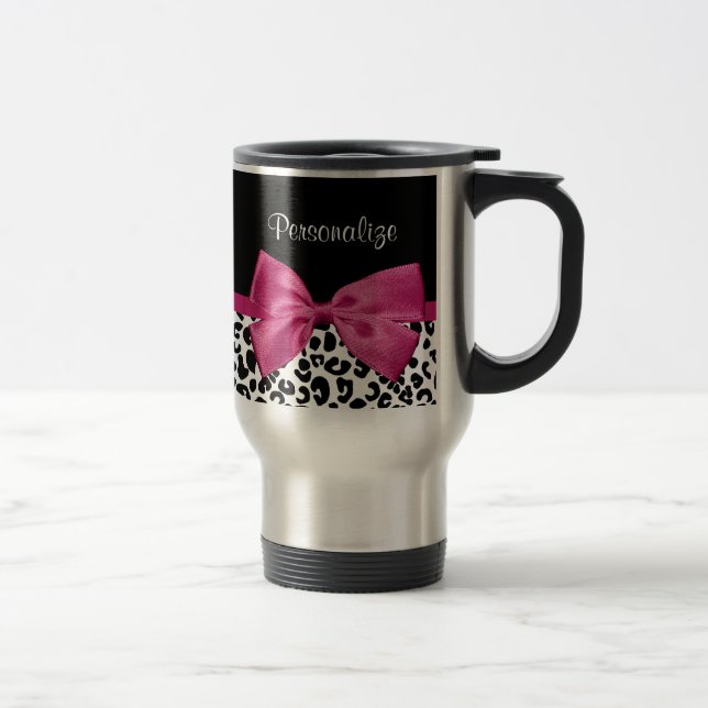 Trendy Leopard Print and Pink Bow Glam Design Travel Mug (Right)
