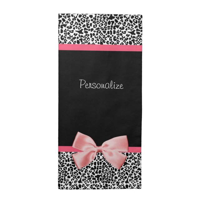 Trendy Leopard Print and Pink Ribbon With Name Cloth Napkin (Half Fold)