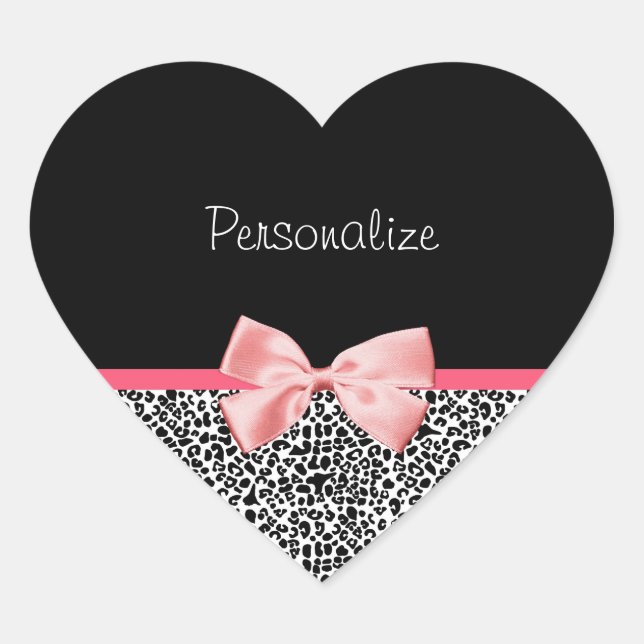 Trendy Leopard Print and Pink Ribbon With Name Heart Sticker (Front)