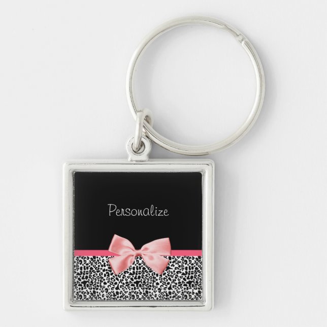 Trendy Leopard Print and Pink Ribbon With Name Keychain (Front)