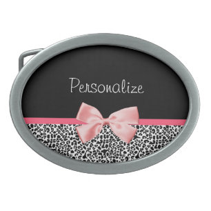 Trendy Leopard Print and Pink Ribbon With Name Oval Belt Buckle