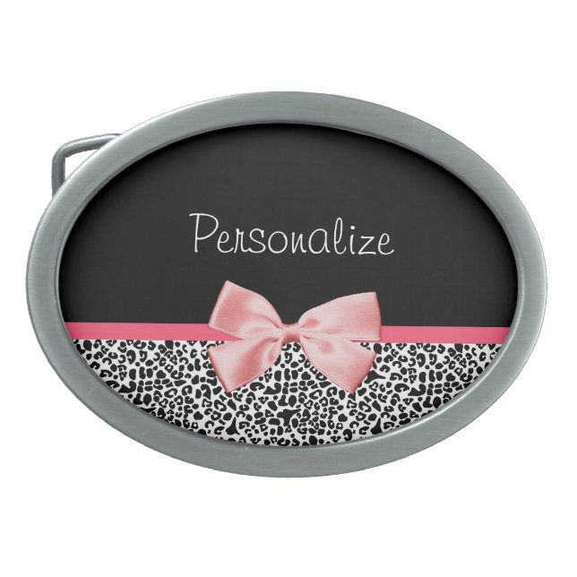 Trendy Leopard Print and Pink Ribbon With Name Oval Belt Buckle (Front)