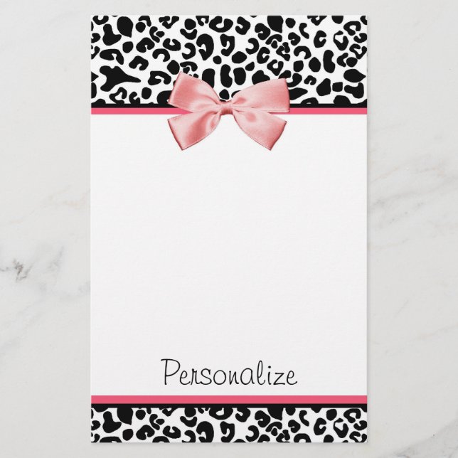 Trendy Leopard Print and Pink Ribbon With Name Stationery (Front)