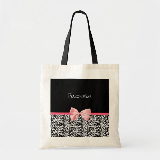 Trendy Leopard Print and Pink Ribbon With Name Tote Bag (Front)