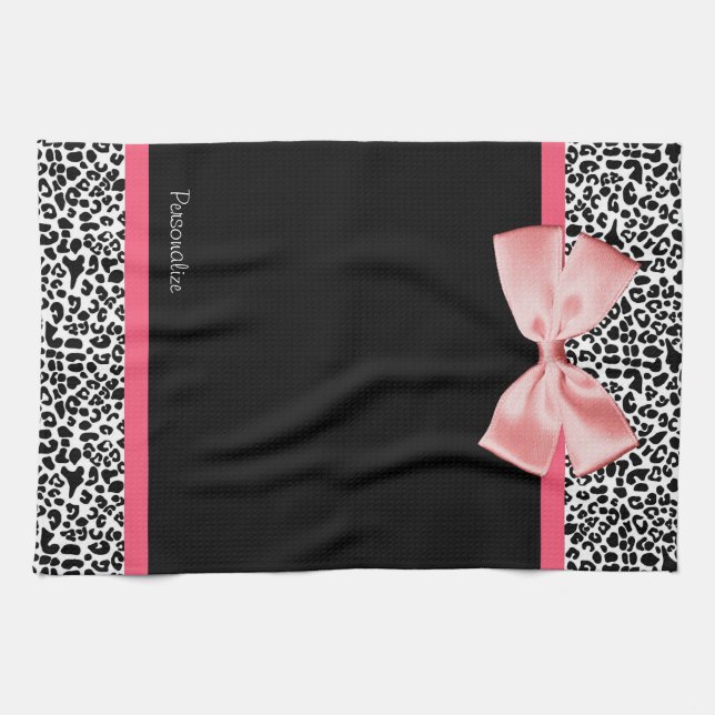 Trendy Leopard Print and Pink Ribbon With Name Towel (Horizontal)