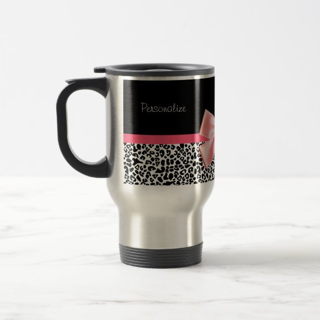 Trendy Leopard Print and Pink Ribbon With Name Travel Mug (Left)