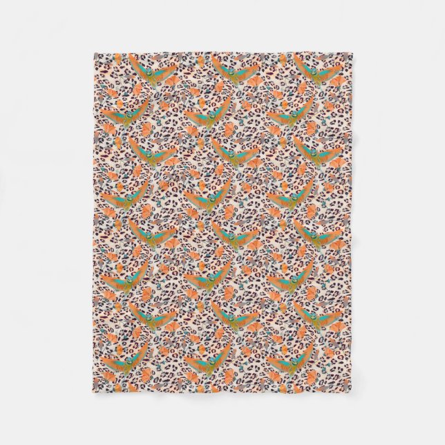 Trendy leopard print, birds of Paradise, orange Fleece Blanket (Front)