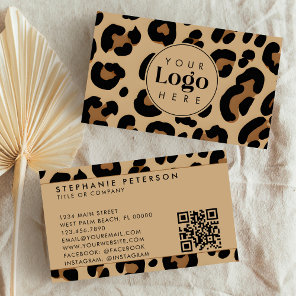 Trendy Leopard Print Custom Company Logo QR Code Business Card