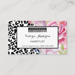 Trendy Leopard Print Floral Hairstylist With Comb Business Card