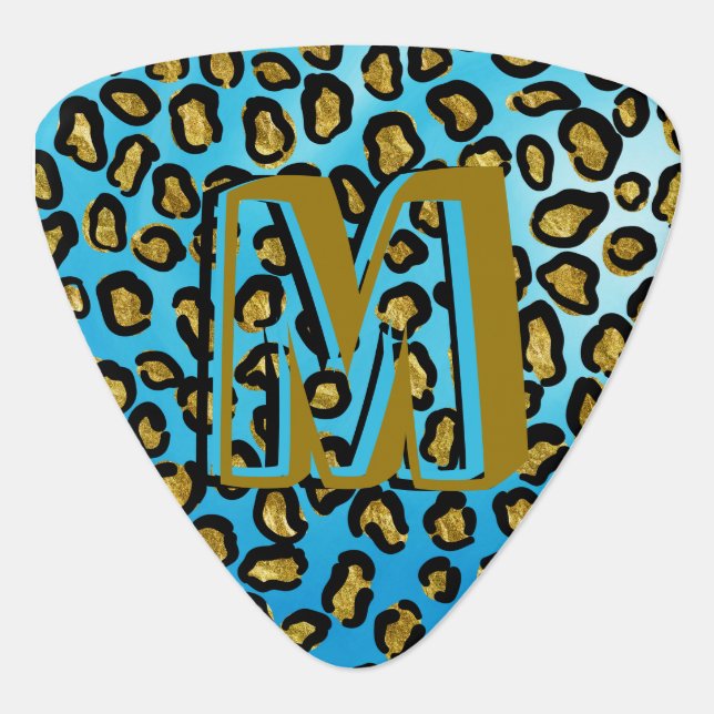 Trendy Leopard Print Gold Blue Monogrammed Custom Guitar Pick (Front)