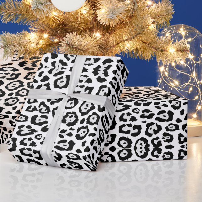 Trendy leopard print pattern black gray white chic wrapping paper (Holidays)