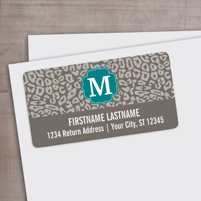 Trendy Leopard Print Pattern with Aqua Monogram Label (Custom Address Label)