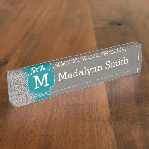 Trendy Leopard Print Pattern with Aqua Monogram Nameplate