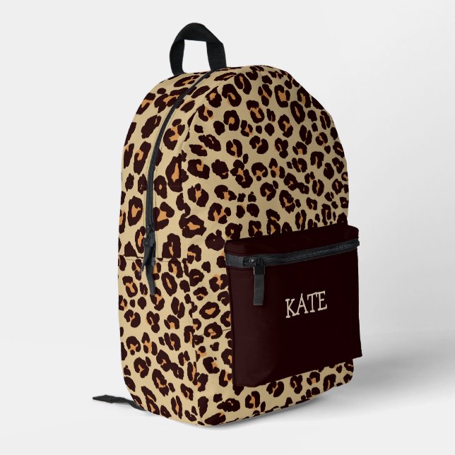 Trendy Leopard Print Personalized Name Monogram Printed Backpack (Back Corner Left)