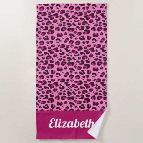 Trendy leopard print pink with name beach towel