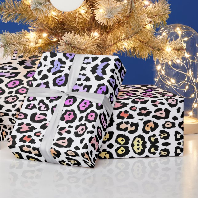 trendy leopard print rainbow pattern black white wrapping paper (Holidays)
