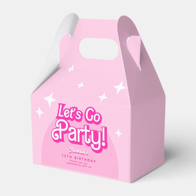 Trendy Let's Go Party pink BIRTHDAY Favor Boxes (Front Side)