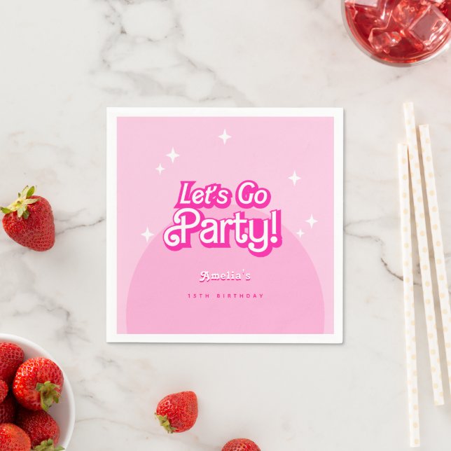 trendy Let's Go Party pink Birthday Napkins (Insitu)