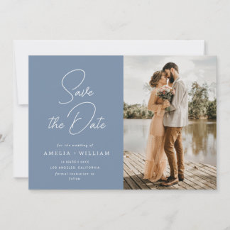 trendy lettering dusty blue wedding Save the Date