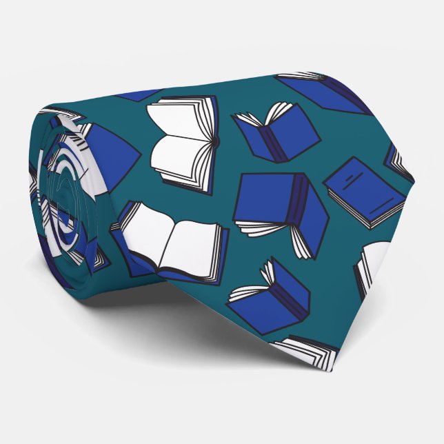 Trendy Librarian Book Lover and Writer Blue Books Neck Tie (Rolled)