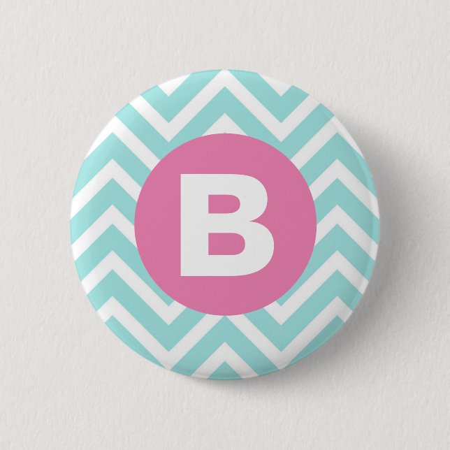Trendy Light Blue Chevron Pink Monogram Button (Front)