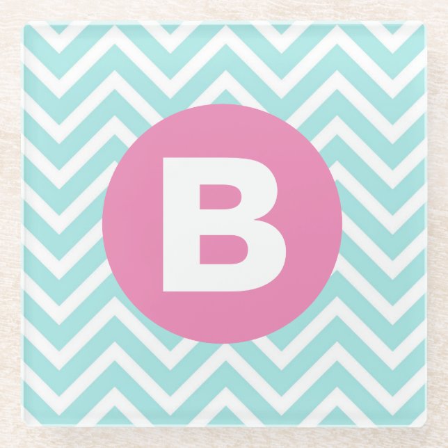 Trendy Light Blue Chevron Pink Monogram Glass Coaster (Front)