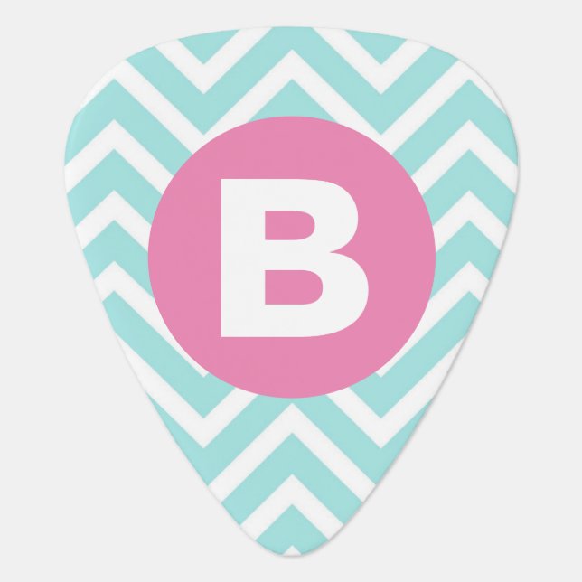 Trendy Light Blue Chevron Pink Monogram Guitar Pick (Front)