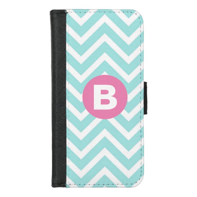 Trendy Light Blue Chevron Pink Monogram iPhone Wallet Case (Front)