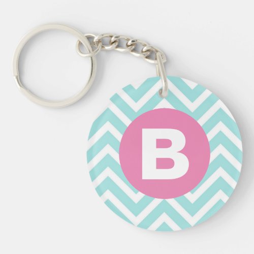 Trendy Light Blue Chevron Pink Monogram Keychain