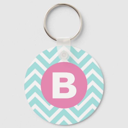 Trendy Light Blue Chevron Pink Monogram Keychain