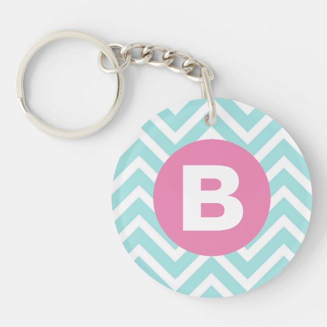 Trendy Light Blue Chevron Pink Monogram Keychain (Front)