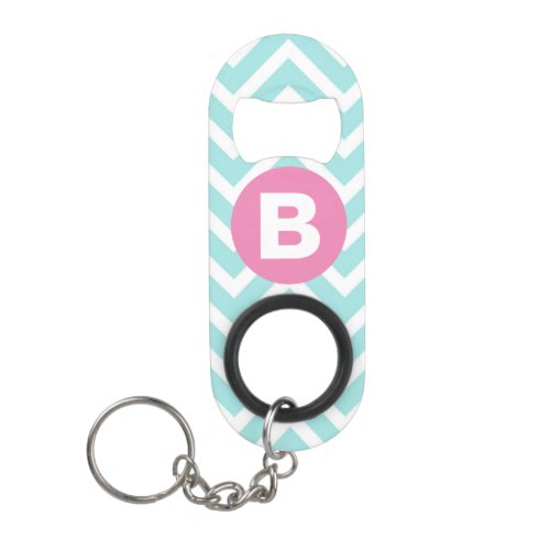 Trendy Light Blue Chevron Pink Monogram Keychain Bottle Opener