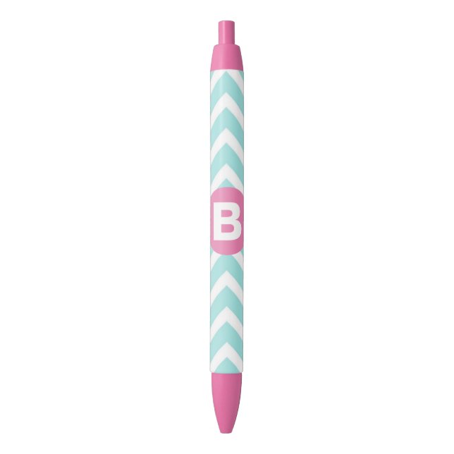 Trendy Light Blue Chevron Pink Monogram Pen (Front Vertical)